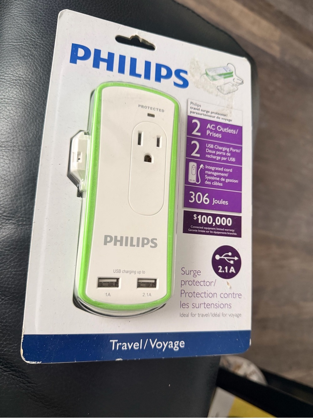 Philips White and Green Travel Surge Protector with Dual USB Ports